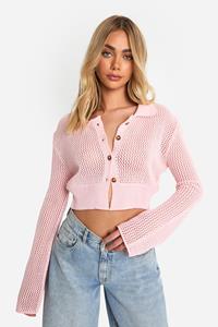 Boohoo Korte Dunne Gebreide Cardigan Met Kraag, Light Pink