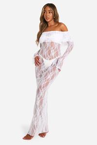 Boohoo Kanten Off Shoulder Maxi Strand Jurk, White