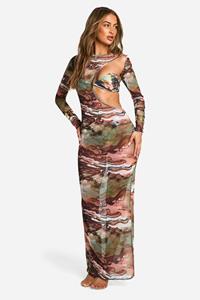 Boohoo Mesh Marmerprint Maxi Strand Jurk, Khaki