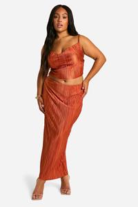 Boohoo Plus Plisse Hemdje En Midaxi Rok Set, Rust