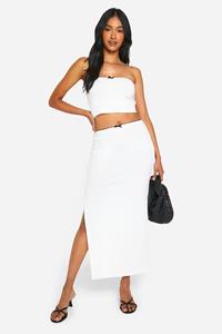 Boohoo Geribbelde Contrasterende Maxi Rok Met Strik, White