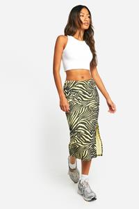 Boohoo Geribbelde Zebraprint Midi Rok Met Zijsplit, Lemon
