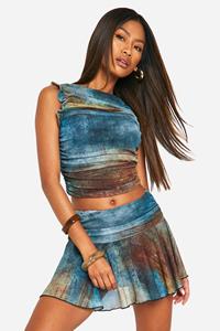 Boohoo Mesh Mini Rokje Met Vouw En Vegen, Blue