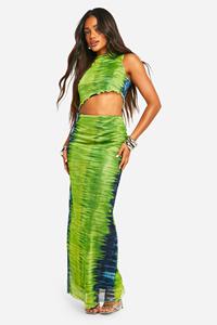 Boohoo Asymmetrische Mesh Maxi Rok Met Print, Green