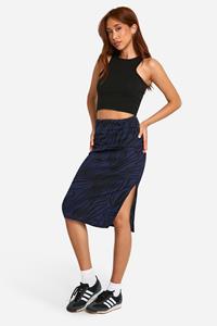 Boohoo Geribbelde Zebraprint Midi Rok Met Zijsplit, Navy