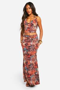 Boohoo Mesh Maxi Rok Met Print, Kraaltjes En Zoom, Brown