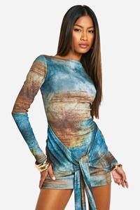 Boohoo Mesh Mini Jurk Met Print En Strik, Green