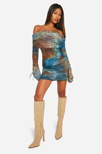 Boohoo Mesh Mini Jurk Met Print, Veters En Wijde Mouwen, Green