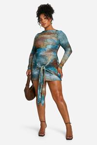 Boohoo Plus Mesh Mini Jurk Met Print En Strik, Green