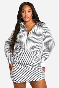 Boohoo Plus Geweven Gestreepte Geplooide Blouse Jurk, White