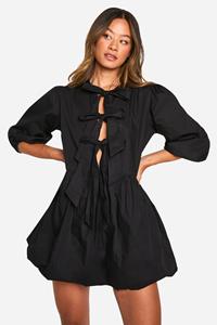 Boohoo Tall Skater Jurk Met Strik En Volle Mouwen, Black
