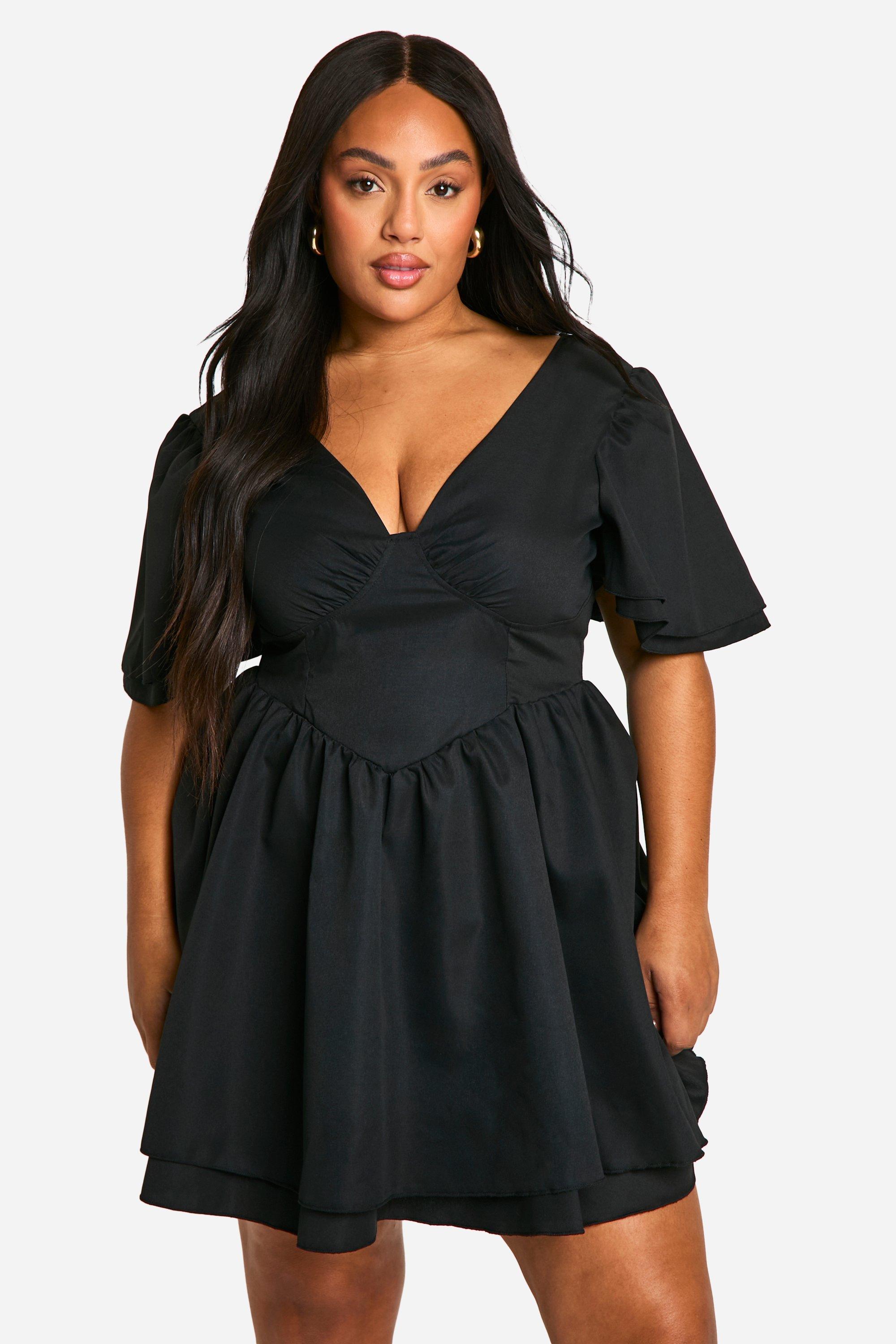 Boohoo Plus Geweven Skater Jurk Met Geplooide Mouwen, Black