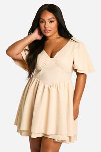 Boohoo Plus Geweven Skater Jurk Met Geplooide Mouwen, Stone