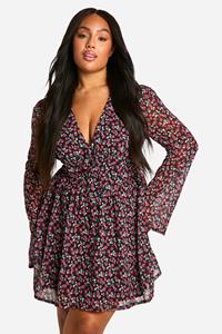 Boohoo Plus Geweven Melkmeisjes Bloemen Skater Jurk, Black