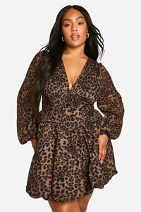 Boohoo Plus Geweven Luipaardprint Skater Jurk Met Bolletjes Zoom, Leopard