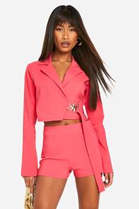 Boohoo Korte Super Stretch Blazer Met Zoom En Ceintuur, Pink