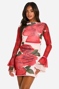 Boohoo Mesh Rozen Mini Jurk Met Boothals, Print En Wijde Mouwen, Red
