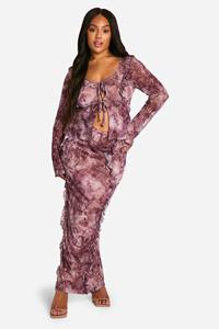 Boohoo Plus Slangenprint Mesh Top Met Ruches En Maxi Rok Set, Burgundy