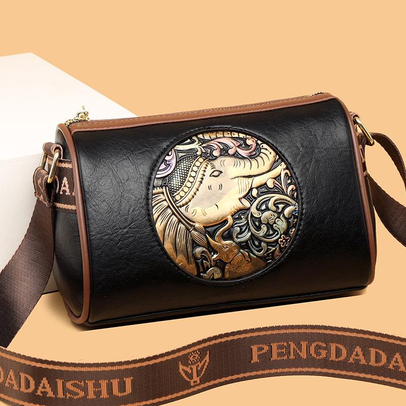 Vrouwen Crossbody Tas Grote Capaciteit Kussen Tas Forenzen Retro Etnische Stijl Olifant Vrouwen Schoudertas 25x13x20cm zwart