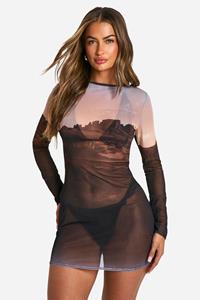 Boohoo Mesh Mini Strand Jurk Met Western Print, Brown