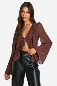 Boohoo Kanten Off Shoulder Midaxi Jurk Met Ruches En Wijde Mouwen, Black