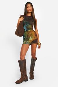 Boohoo Mesh Mouwloze Renaissance Mini Jurk, Multi