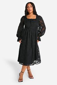 Boohoo Plus Geweven Burnout Bloemen Midi Skater Jurk, Black
