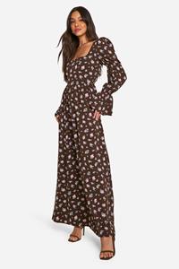 Boohoo Bloemen Melkmeisjes Maxi Jurk Met Korset Top En Pofmouwen, Brown