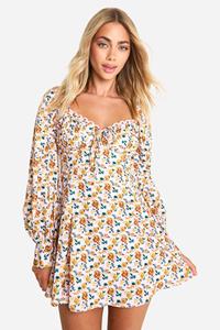 Boohoo Bloemen Melkmeisjes Skater Jurk Met Gehaakte Zoom, Pofmouwen, Pink