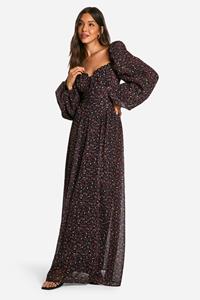 Boohoo Chiffon Kersen Melkmeisjes Maxi Jurk Met Pofmouwen, Black