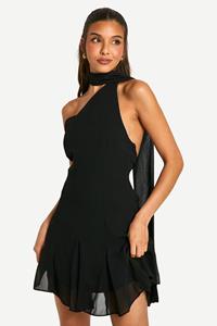 Boohoo Assymteric Chiffon Mini Jurk Met Naaddetail, Black