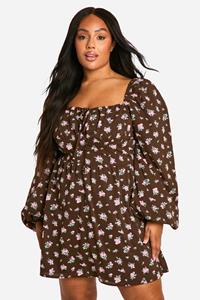 Boohoo Plus Bloemen Melkmeisjes Skater Jurk Met Ballonmouwen, Brown