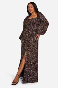 Boohoo Plus Bloemen Melkmeisjes Maxi Jurk Met Ballonmouwen, Black