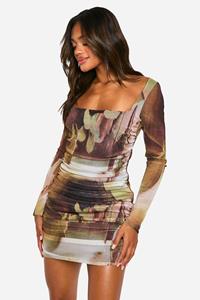 Boohoo Geplooide Mesh Bodycon Jurk Met Vierkante Hals En Print, Multi