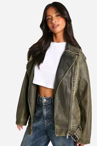 Boohoo Petite Oversized Nepleren Vintage Biker Jas, Washed Khaki