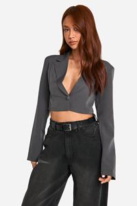 Boohoo Korte Basic Geweven Blazer Met Enkele Knopen, Charcoal