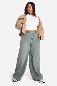 Boohoo Plus Versleten Wide Leg Denim Varsity Athletic Jeans, Washed Blue