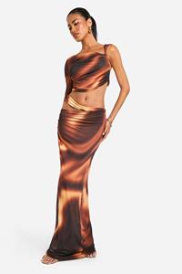 Boohoo Strakke Cut Out Maxi Rok Met Print, Brown