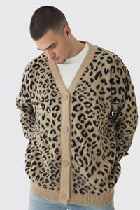 Boohoo Tall Oversized Geborstelde Gebreide Luipaardprint Cardigan, Taupe