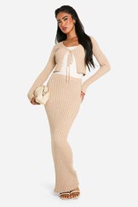 Boohoo Geribbelde Gebreide Maxi Rok, Camel