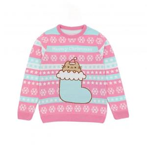 Pusheen meisjes gebreide kerstsweater 11-12 roze/blauw