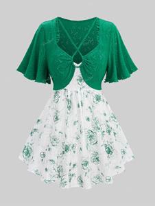 Rosegal outlets Rosegal Grote maten fladdermouwen Pointelle bloem geborduurd kriskras strappy ruches Ruches getextureerde 2 in 1 top L groen
