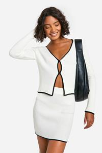 Boohoo Tall Gebreid Mini Rokje Set Met Contrasterende Naden, Cream