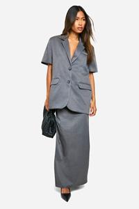 Boohoo Oversized Mergel Long Line Blazer Met Schouderpads En Korte Mouwen, Charcoal