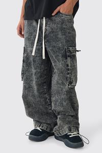 Boohoo Acid Wash Gebleekte Cargo Parachute Jeans Met Elastische Taille, Black