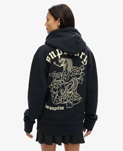 Superdry Vrouwen Oversized Tattoo Hoodie met Print en Rits Zwart