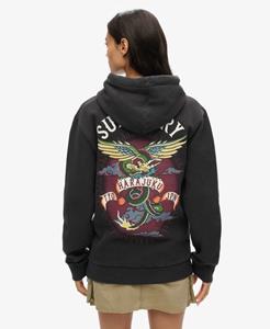 Superdry Vrouwen Oversized Tattoo Hoodie met Print op de rug Zwart