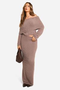 Boohoo Pluizige Gebreide Maxi Rok, Chocolate