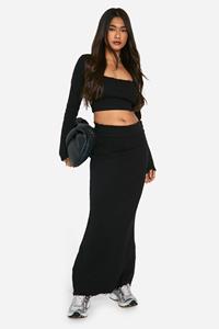 Boohoo Geribbelde Maxi Rok Met Versleten Zoom, Black