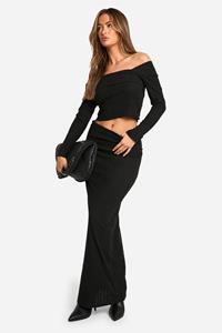 Boohoo Geborstelde Geribbelde Maxi Rok Met Geplooide Tailleband, Black